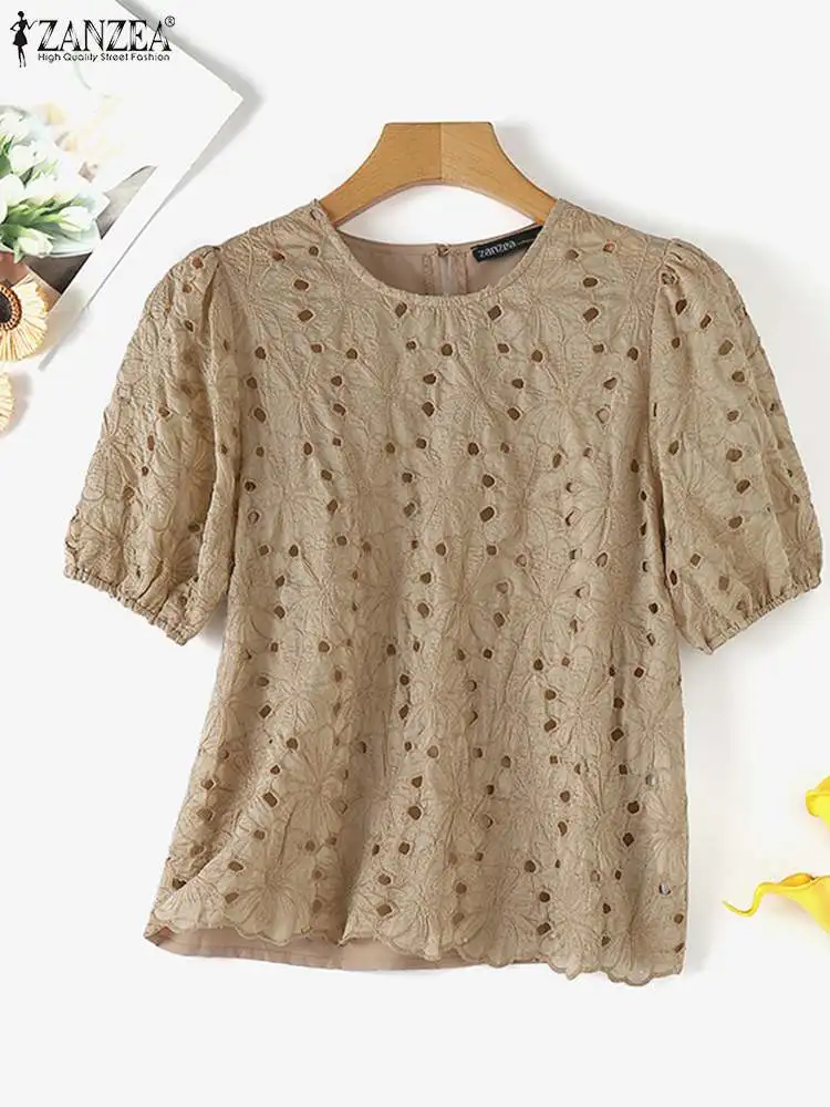 ZANZEA Women Puff Short Sleeve Blouse 2024 Summer Flower Embroidery Hollow Out Tops Korean Fashion O-Neck Tunics Vintage Shirts