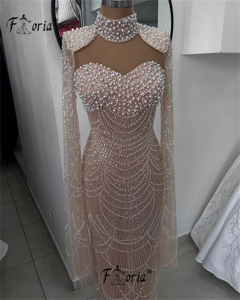 Dubai vestidos de noite rosa para mulheres, capa longa, manga, pérolas, vestido de casamento, designer mais novo