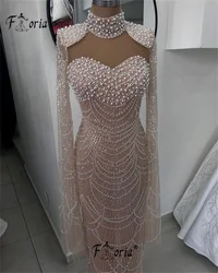 Newest Designer Dubai Woman Pink Evening Dresses Long Cape Sleeve Pearls Beads Wedding Party Dress robe de soirée luxe élégante