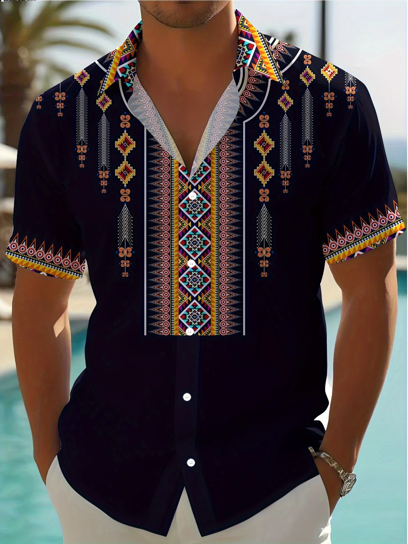 

Mudcloth Toghu Stripe Print, All-Over Print Mens Button Up Shirt with African Patterns and Soft Four-Way Stretch Fabric,