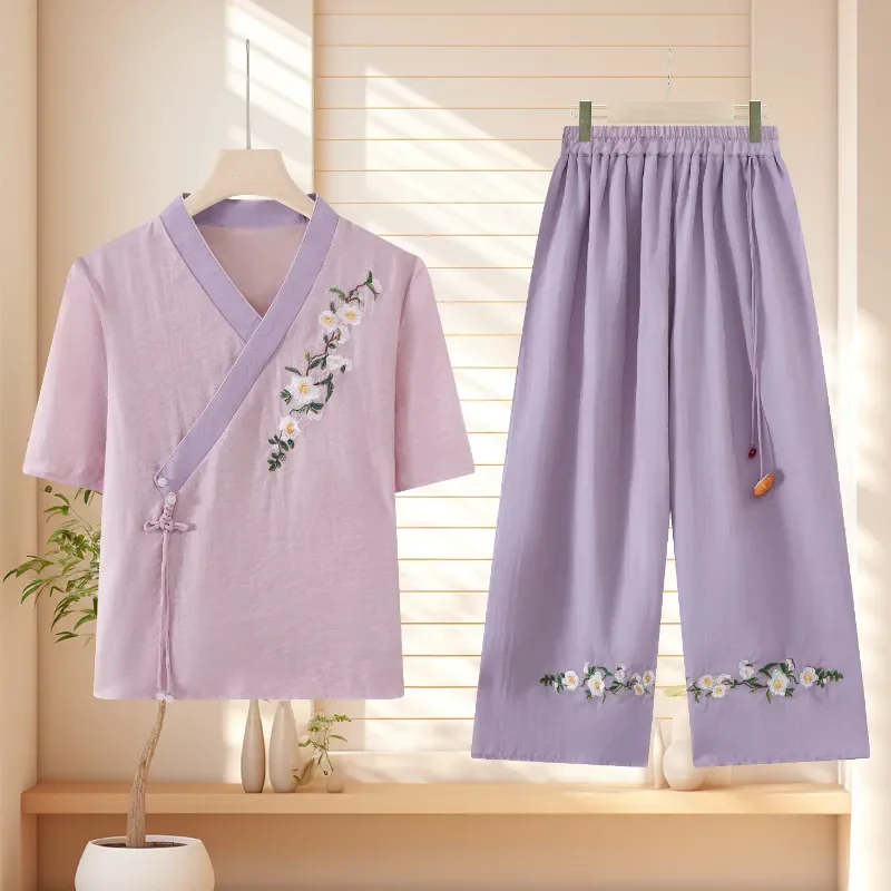 Womens New Chinese Style Linen Two Piece Set Casual Summer Outfit For Mothers