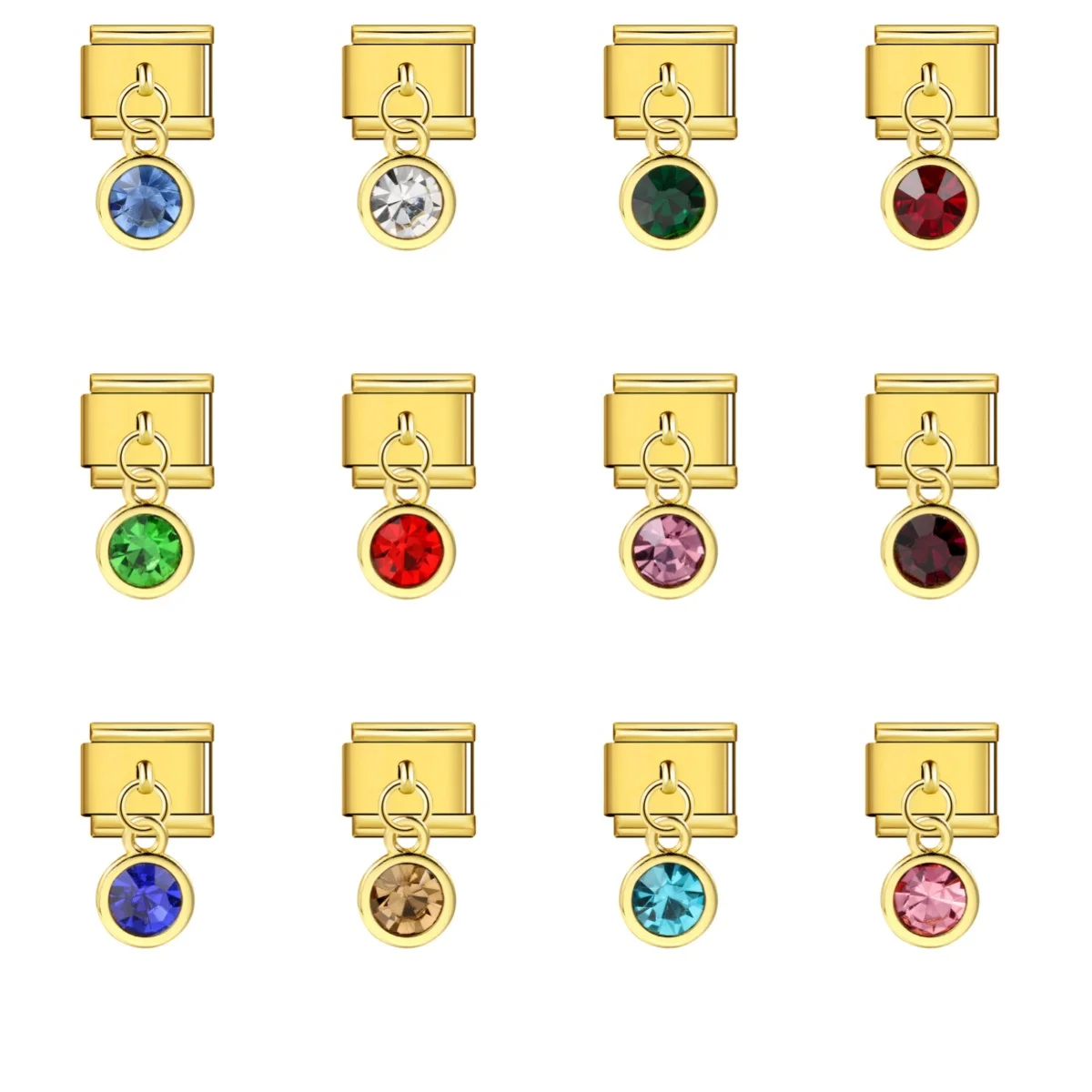 Fashion 12 Birthstone Colorful Round CZ Gold Color Pendant Italian Charm Link Fit 9mm Stainless Steel Bracelet DIY Making Beads