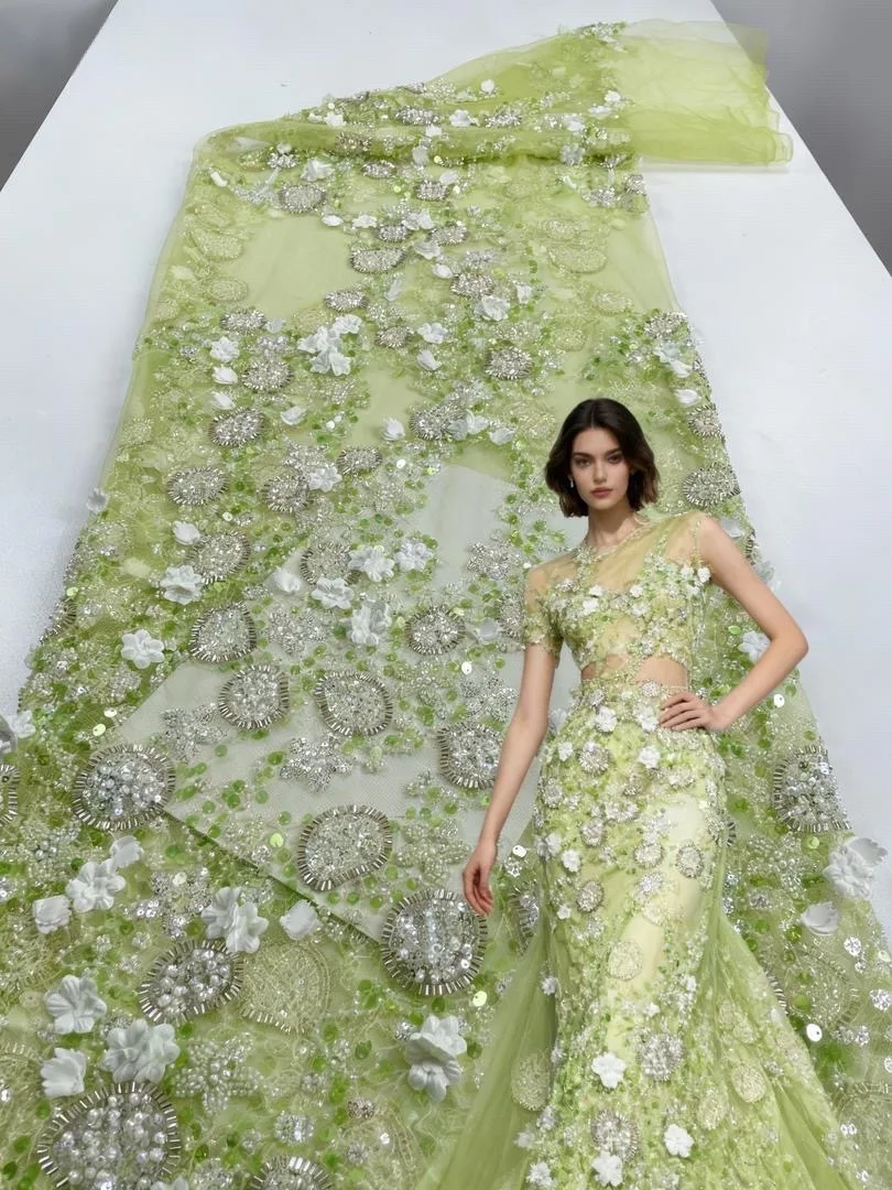 

African Lace Fabric 2025 Beaded Lace Fabric With Flower France Sequins Nigerian Embroidery Bridal Lace Fabric For Dresses Sewing