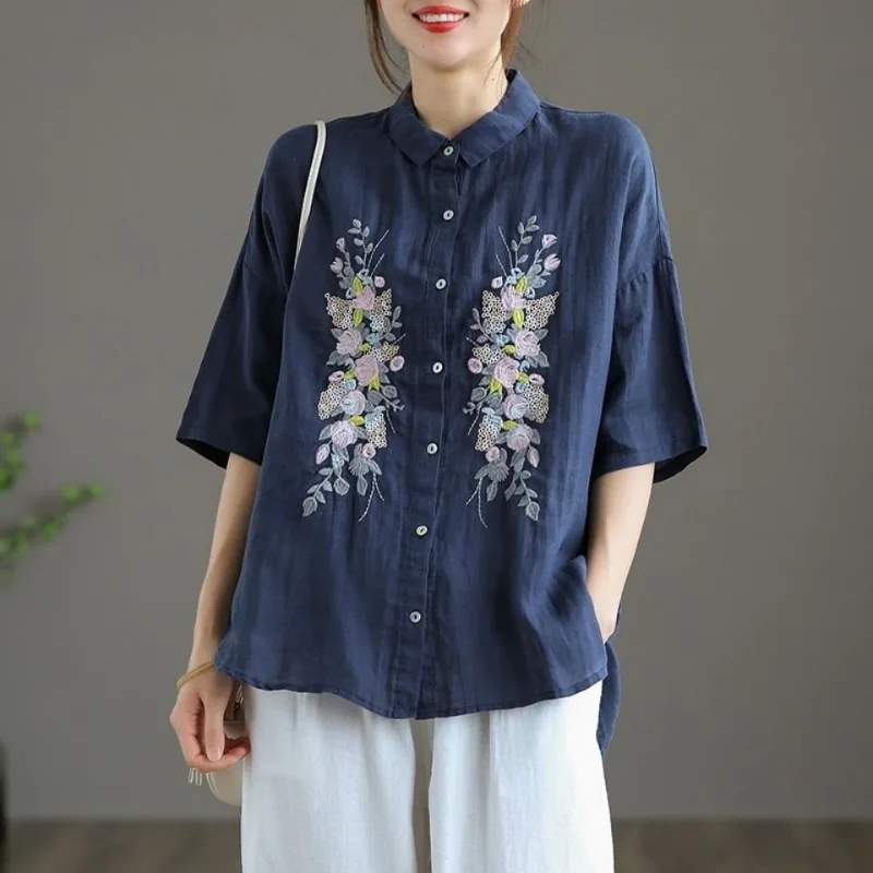 

Ethnic Vintage Embroidered Cotton Linen Blouse Women's Loose Shirt Summer New Arrival