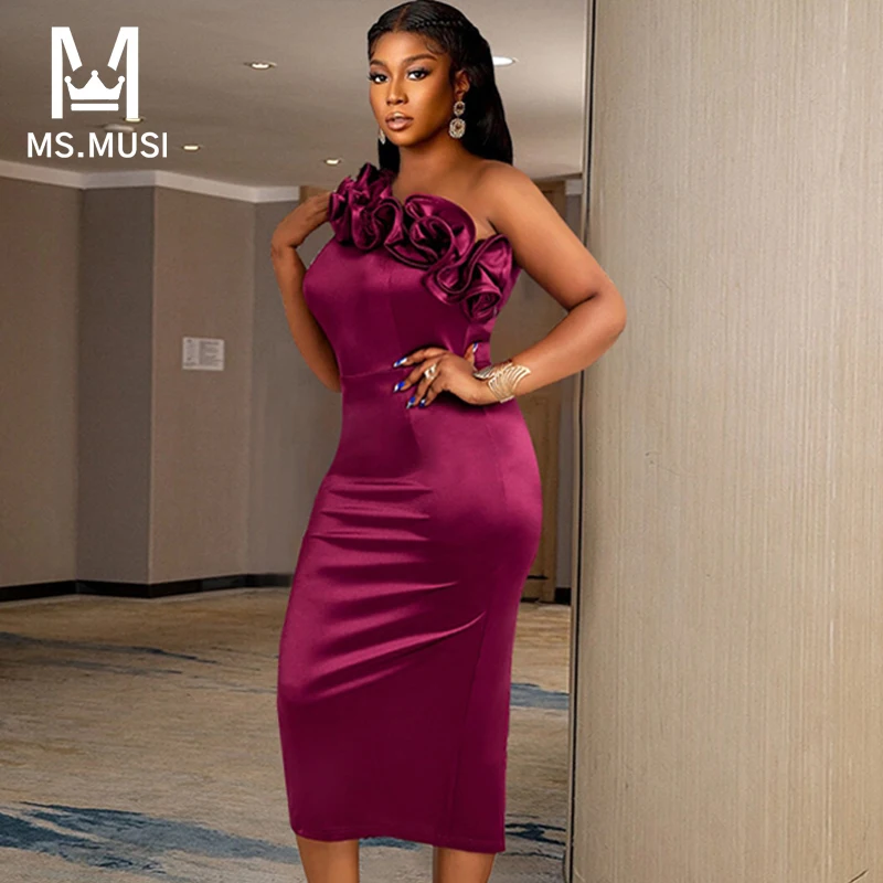 MSMUSI 2024 ใหม่แฟชั่นผู้หญิงเซ็กซี่หนึ่งไหล่ Rose ดอกไม้ Falbala Ruffles พับแขนกุด Bodycon PARTY Club MIDI ชุด