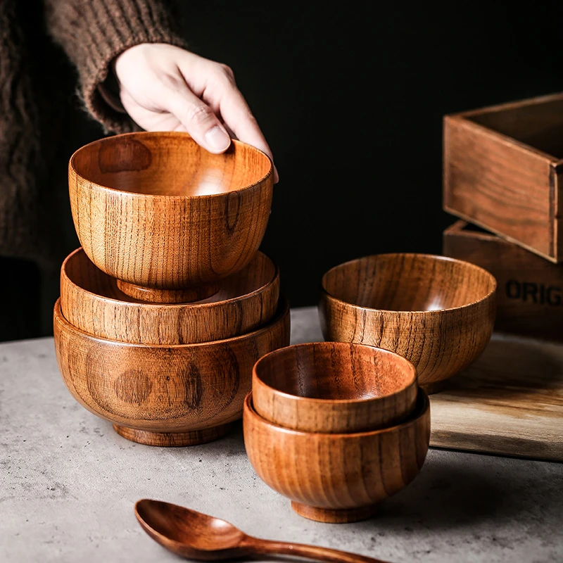 

Japanese Style Natural Wooden Rice Bowl for Kids Soup Fruit Ramen Bowls Household Tableware Food Container Utensils for Kitchen