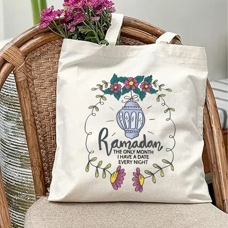 

Women's Canvas Shoulder Bag with Ramadan Lantern and Floral Pattern - Muslim Holiday Gift and Casual Daily Commuting Handbag