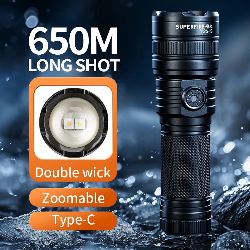 power led torch poderosa lanterna zoom lanterna portatil duradoura lampada de acampamento recarregavel alcance de 600m 15w superfire y26 01