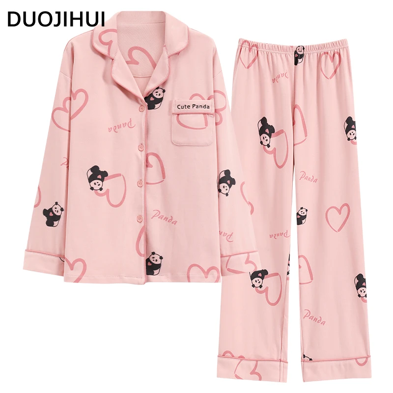 DUOJIHUI Autumn Sweet Fashion Pajamas for Women with Chest Pad Long Sleeve Cardigans Basic Simple Pants Loose Female Pajamas Set