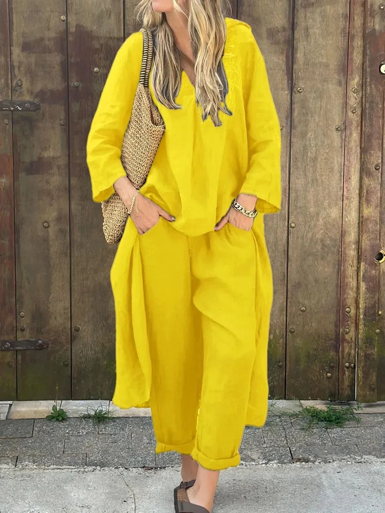 

Office Women V Neck Tops And Pants Suit Summer Casual Long Pants Female Solid Outfits Cotton Linen Wide Leg Pants Elegant Sets