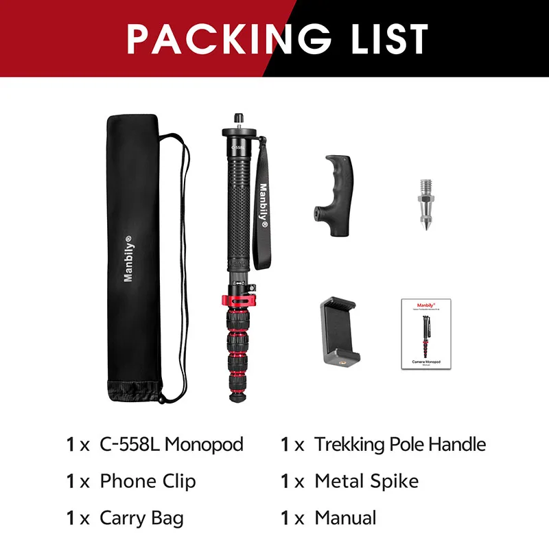 Manbily C-558L Lightweight Portable Professional Monopod 28mm Tube Monopod Carbon Fiber Travel Stand for Nikon DSLR Camera