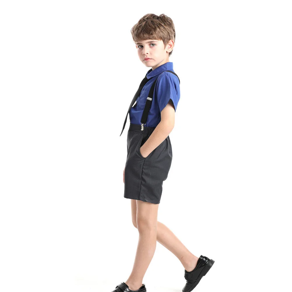 Boys Formal Performance Outfit Summer Cotton Short Sleeve Shirt Suspenders Shorts Set Kids Wedding Evening Party Clothes