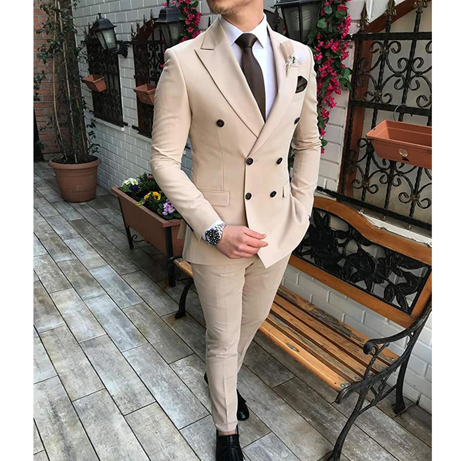 2022 New Beige Men\'s Suit 2 Pieces Double-Breasted Notch Lapel Flat Slim Fit Casual Tuxedos For Wedding(Blazer+Pants)