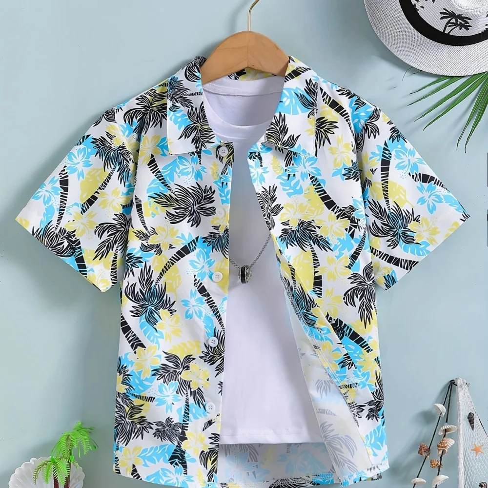 Hawaiianisches Kinderhemd, Kokosnussbaum-Muster, bedruckt, kurzärmeliges Kinderhemd, Urlaub, Meer, Oberteile, Outdoor-Kinderkleidung