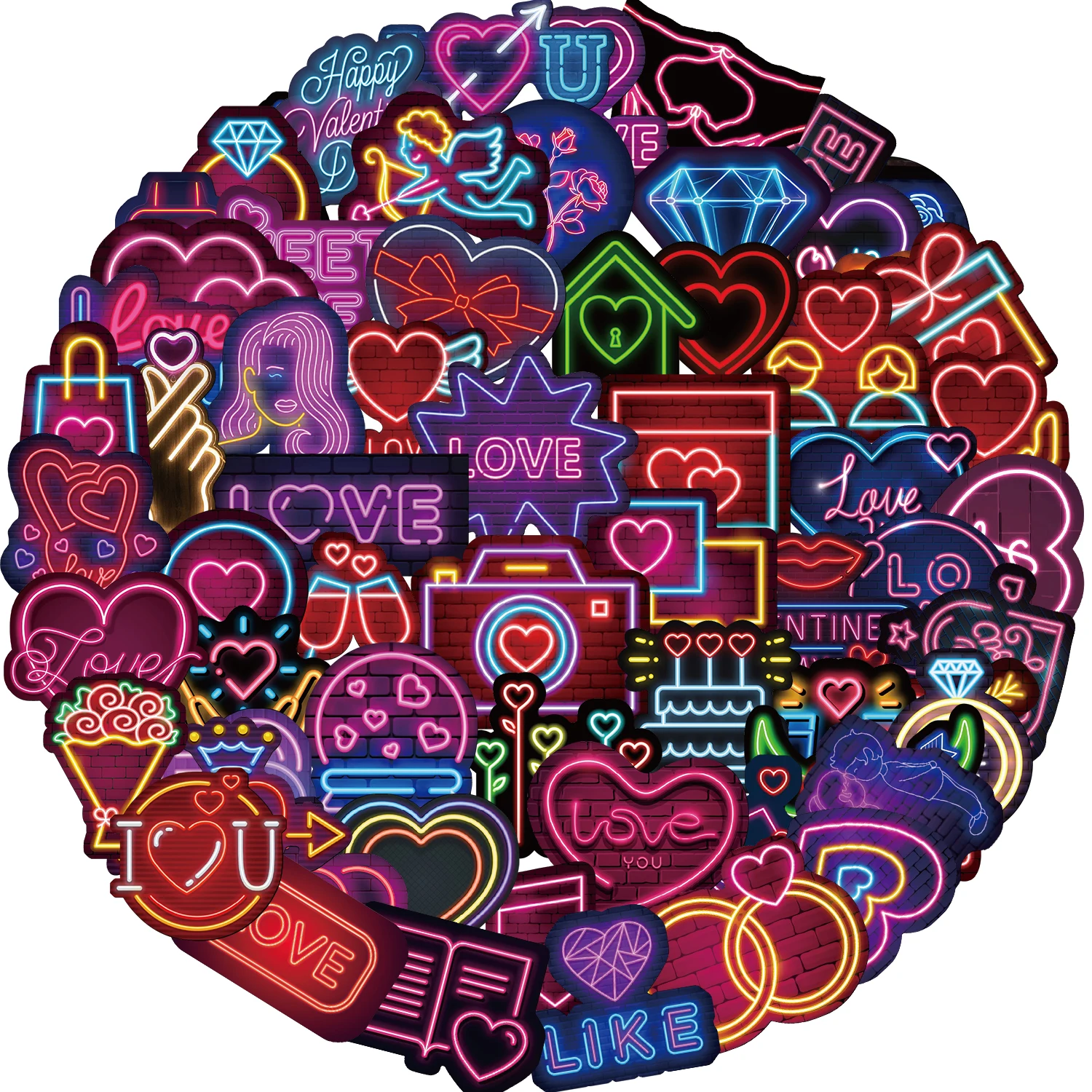 64 Stück Neon Valentinstag Cartoon Graffiti Aufkleber Telefon Gitarre Laptop Notebook Koffer Wasserflaschen Wasserfest Aufkleber Geschenk