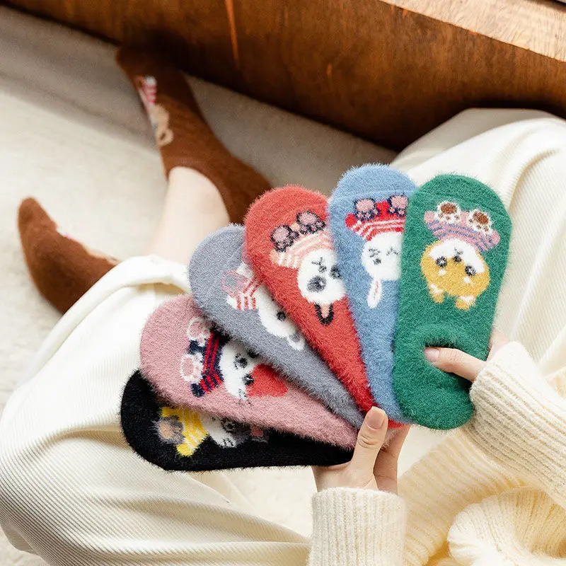 Mink Fur skarpetki damskie zagęścić Thermal Sprig Winter Warm Cartoon śliczne Kawaii niewidzialna skarpetka aksamitne skarpety podłogowe prezent dla dziewczyny