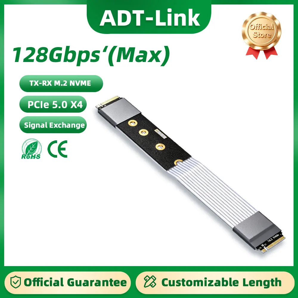 ADT-Link Male to Male PCIe 5.0 M.2 NVMe to M.2 NVMe Gold Finger Extension Cable Silver Wire High Speed SSD Riser Adapter