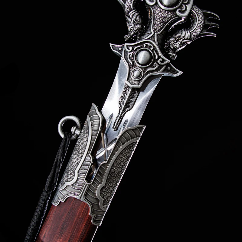 Chinese Han Sword Manganese Steel Blade Real Full Tang Sharp Medieval Swords Ready Battle Silver Double Dragon Samurai Katanas
