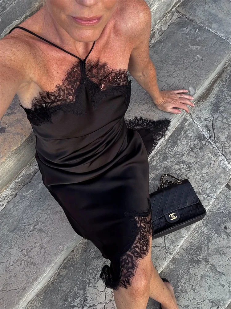 

Tossy Fashion Summer Lace Mini Dress For Women Patchwork Backless Slim Spaghetti Solid Party Dress Female V-Neck Black Dress New