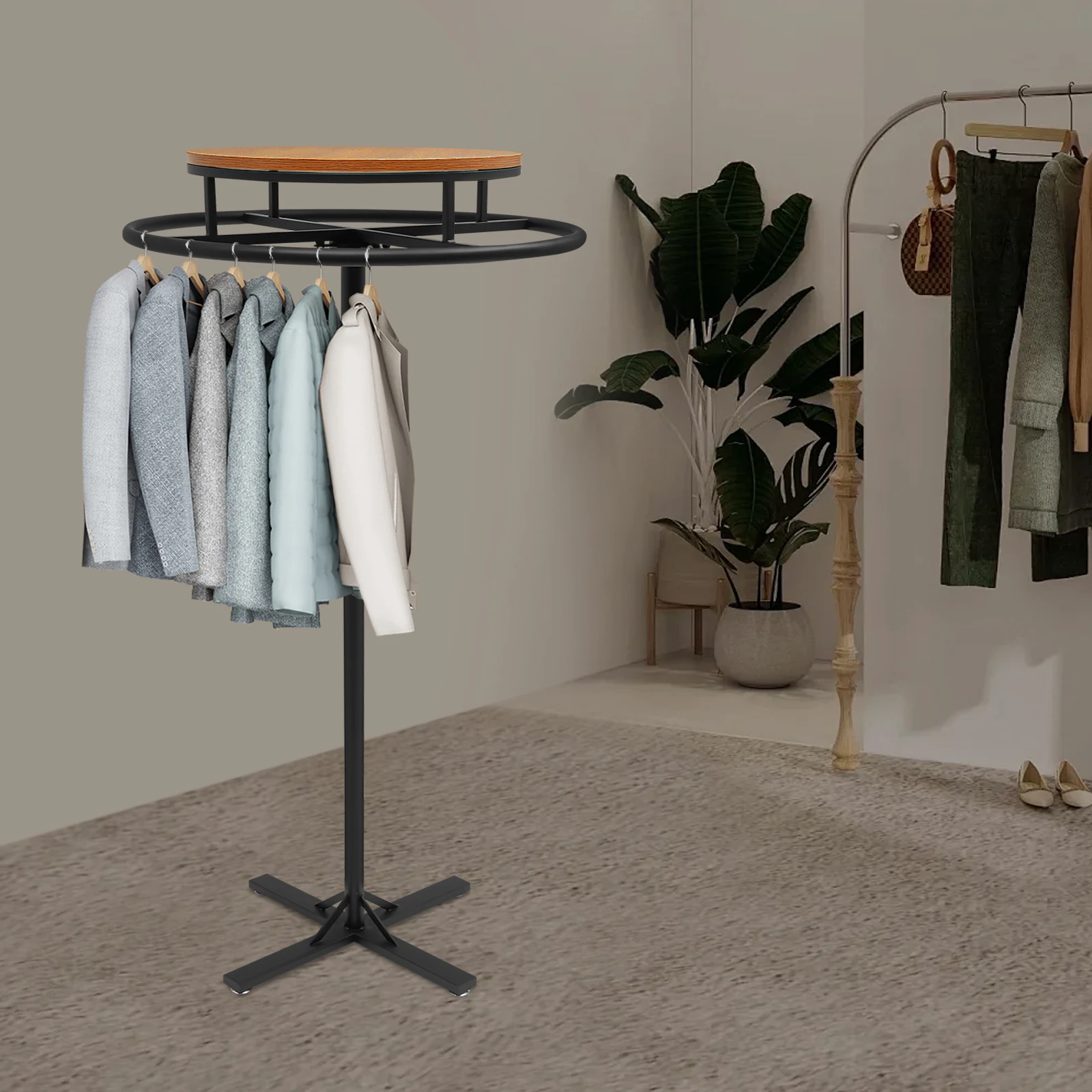 

Black Round Clothing Rack 360 Rotatable Floor standing Garment Display Rack with Solid Wood Top for Store Home