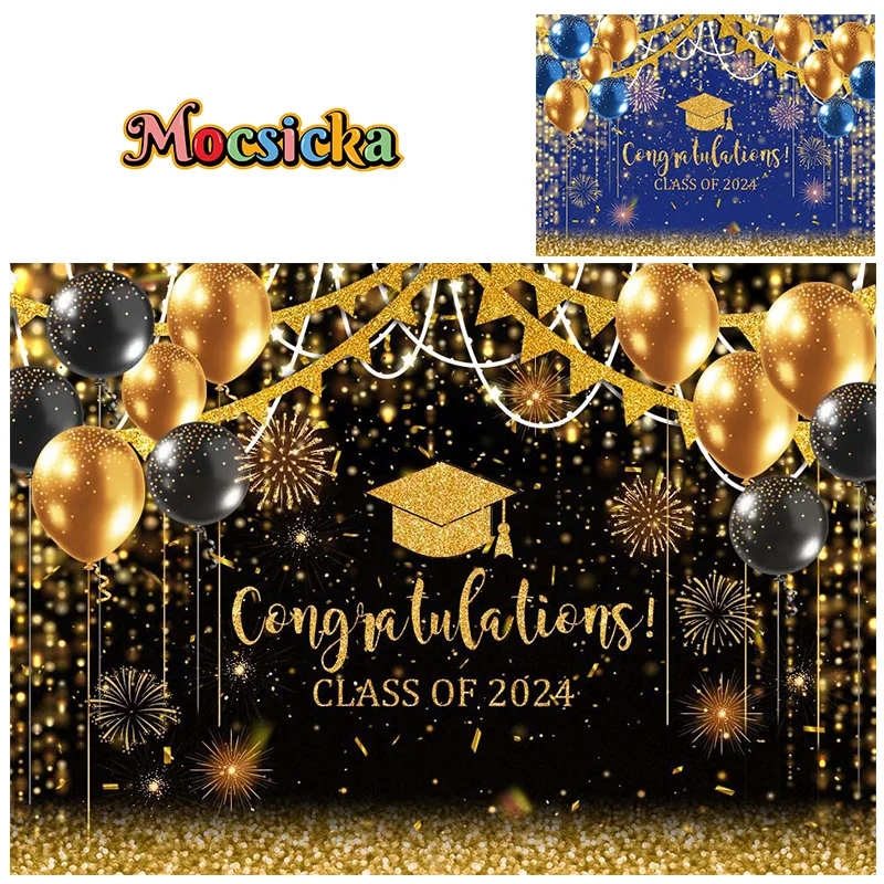 

Mocsicka Graduation Ceremony Class Of 2024 Photography Background New Year's Party Backdrop Balloon Glitter Bachelor's Hat Props