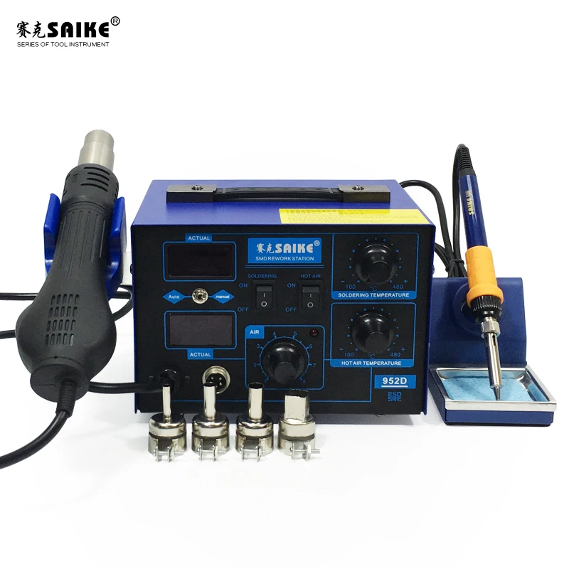 Saike 952D Hot Air Gun Station 220V 110V Heat Gun Soldering Iron Station 2 in 1 900M tip BGA Rework soldering station Kit Holder