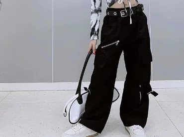 Jazz Dance Hip Hop Pants Baby Girls Clothes Teenage Black Cargo Pants Streetwear Belted Kids Clothing Y2k Zipper 6 To 16 Years