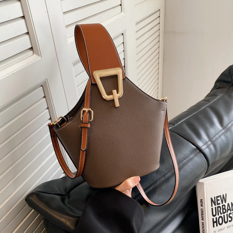 デザインハンドバッグ-レディース-pu-ラウンド-ファッションハンドバッグ-カジュアル-シンプル-コントラストカラー-シングルショルダー-クロスボディバッグ