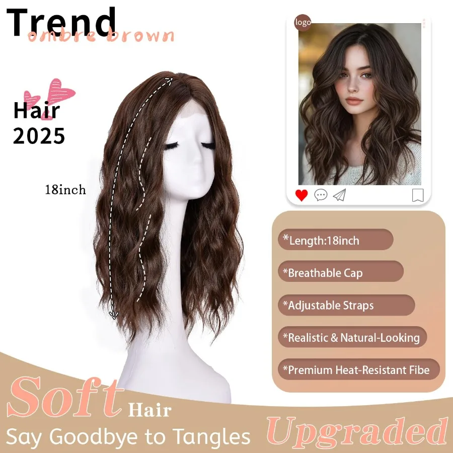 باروكات بنية قصيرة مموجة للنساء، باروكة بوب مموجة مقاس 18 بوصة مع الجزء الأوسط من الدانتيل الأمامي لخط الشعر الطبيعي والحفلات اليومية #2