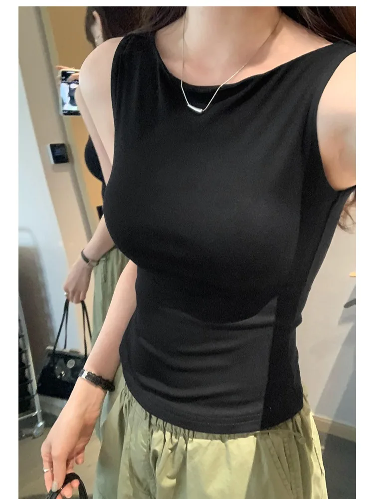 슬림핏 라운드 네스벨 베스트 티셔츠 여성 여름 섹시 캐주얼 슬림 퓨어 컬러 베이스 레이어 탑 PPHOME