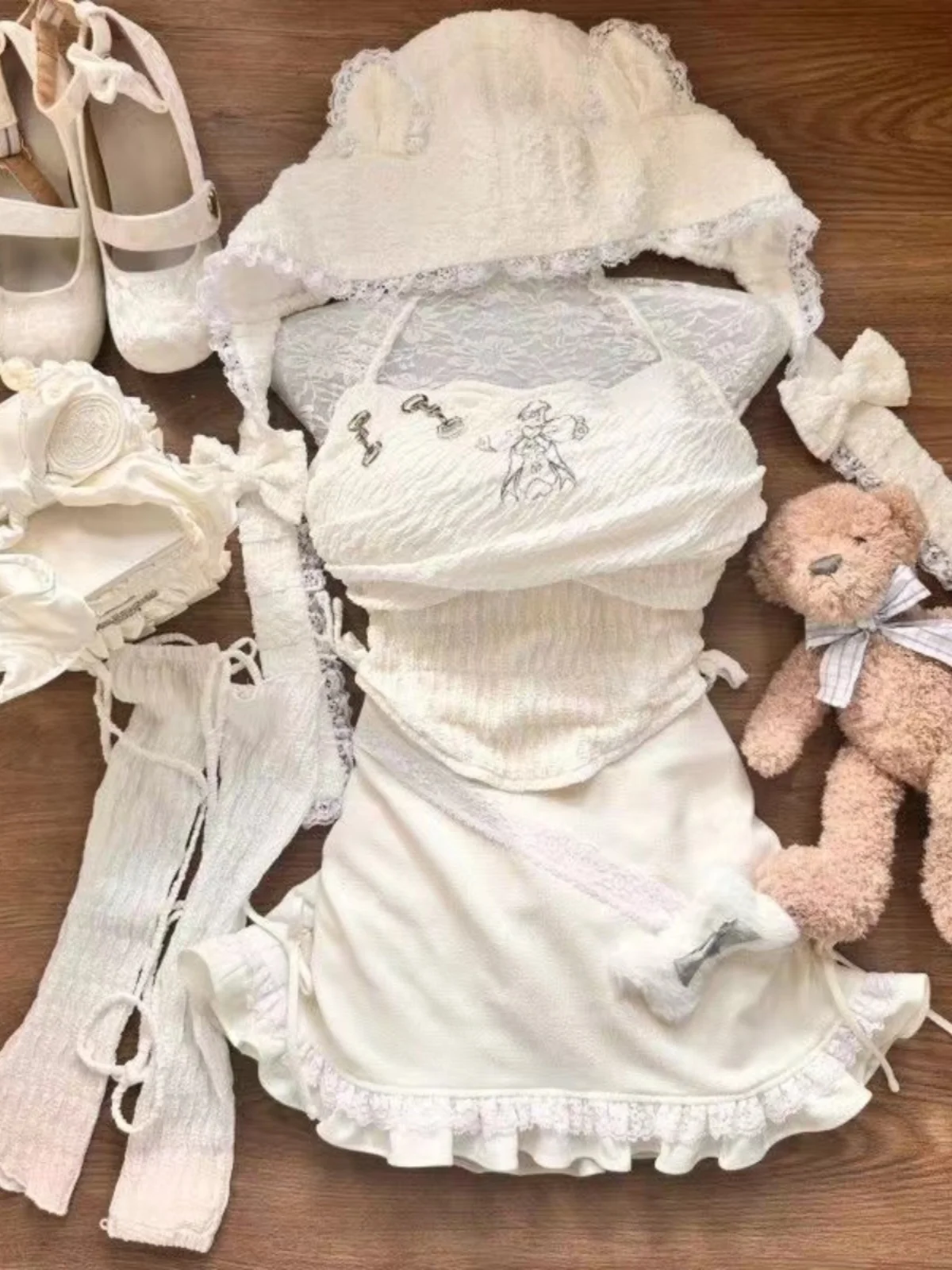 

Summer Fre White Fufu Svel Top And High Waist ort Skirt Set Cute Girl's Dstring ter Ne Cover up Ensemble