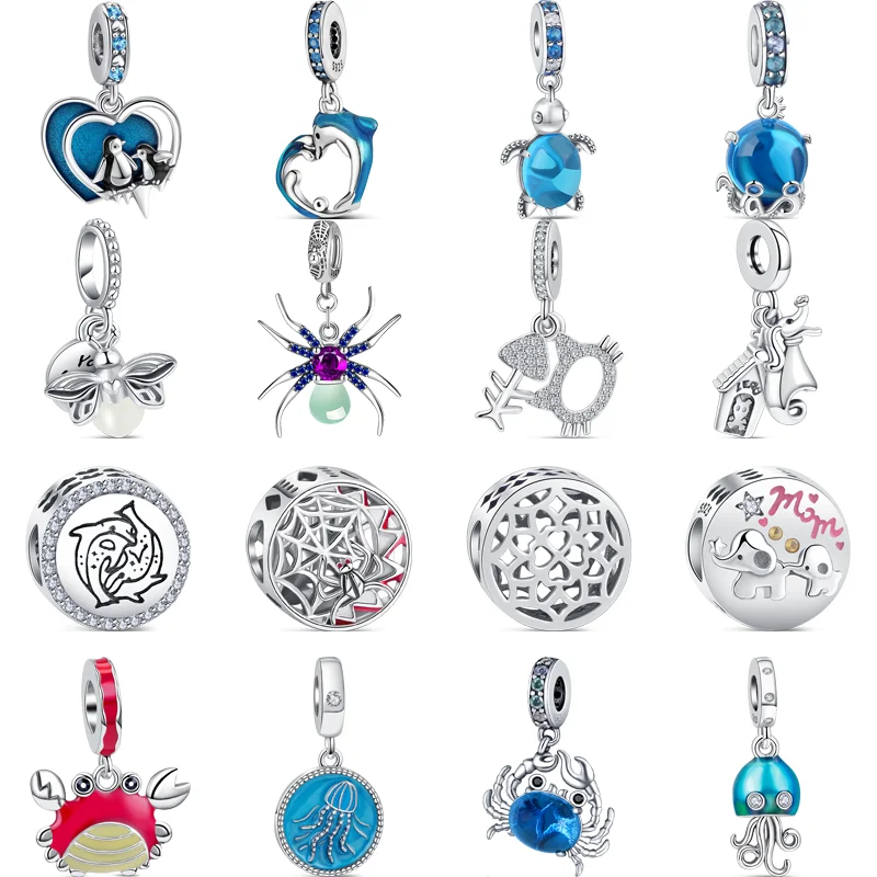 

925 Silver Crab Jellyfish Penguin Dolphin Luminous Firefly Spider Dangle Charms Fit Pandora Original 925 Bracelet Beads Jewelry