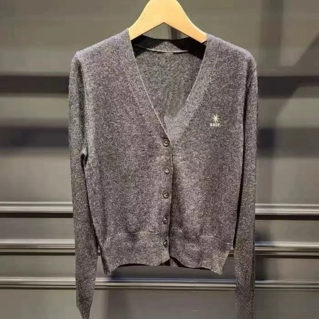 Classic Lemon Cheese SIS26 Spring Commute Versatile V-neck Knitted Wool Open Cardigan Simple Style Long Sleeve Pure Color