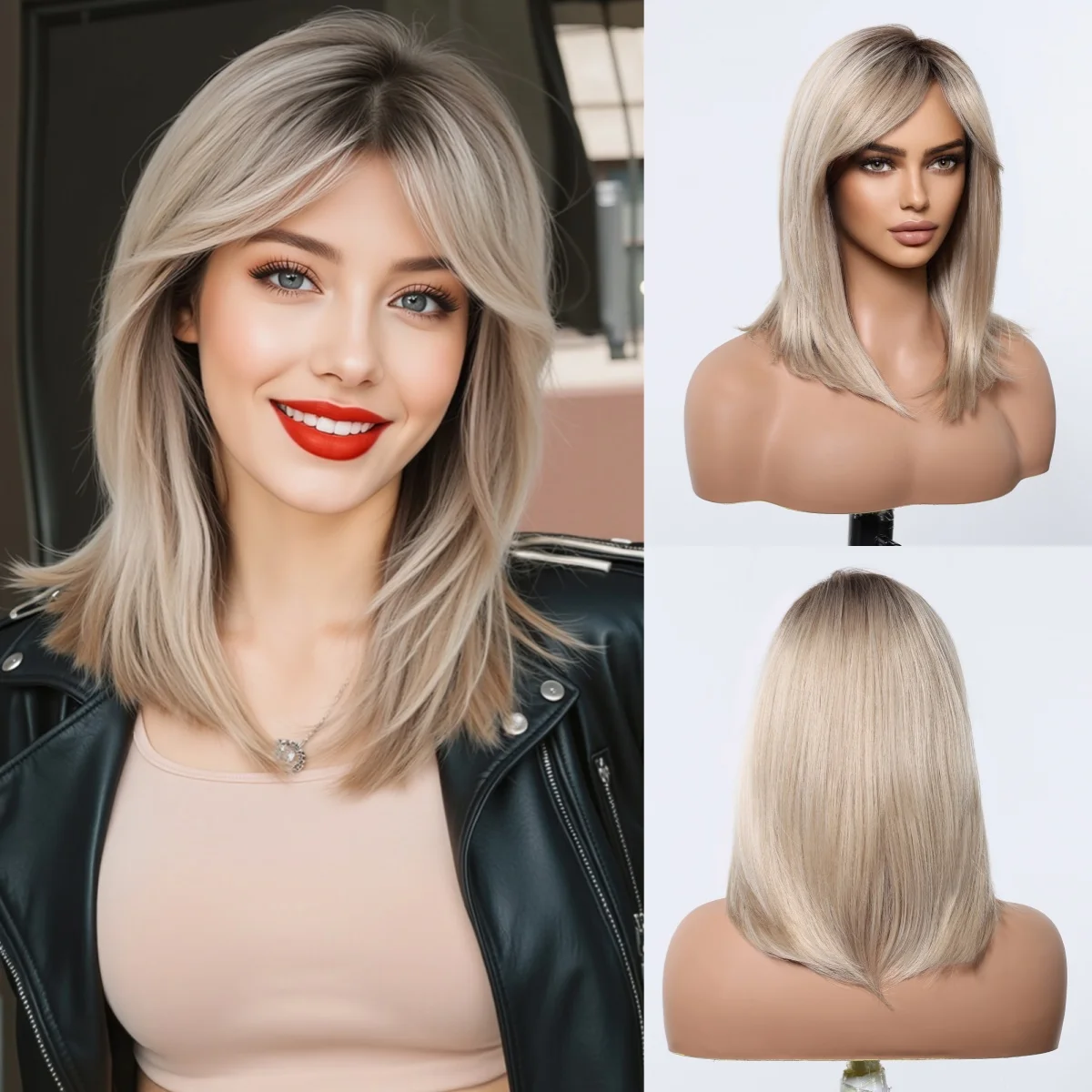 

ALAN EATON Layered Synthetic Wigs with Bangs Straight Short Highlights Blonde Hair Wig with for Women Natural Daily Cosplay Wigs
