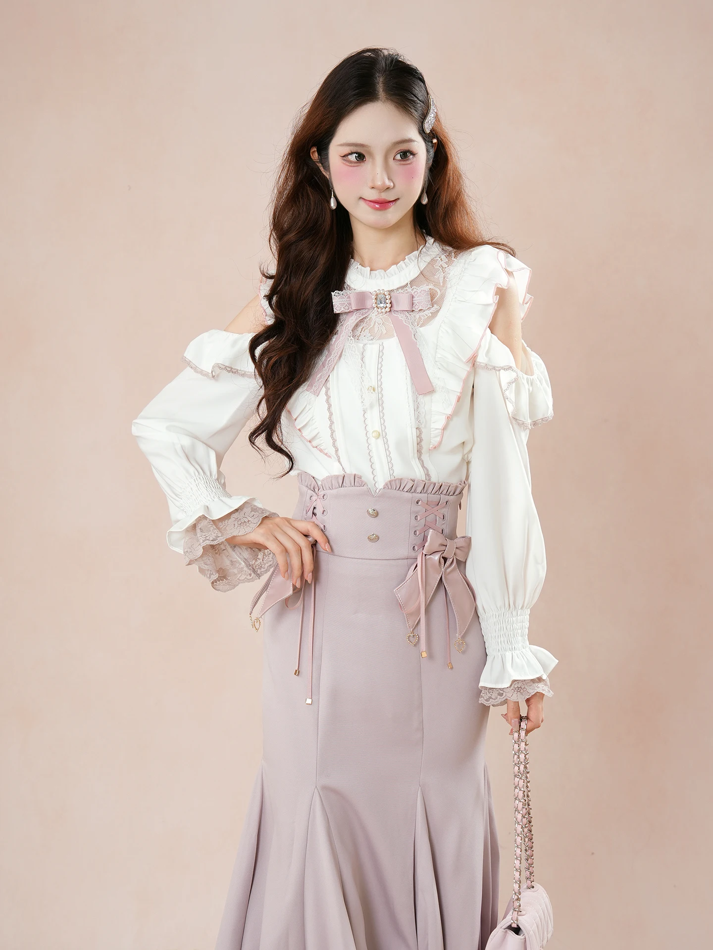 النمط الياباني أنيقة الحلو خارج الكتف قمصان طويلة الأكمام عالية الخصر القوس طويل ذيل السمكة التنانير قطعتين مجموعات للنساء الخريف #3