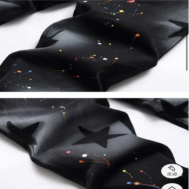 Men's Five-Pointed Star Embroidery Jeans Speckle Paint Micro Chapters High Elastic Soft Breathable Trend Abrasion Black Summer 2