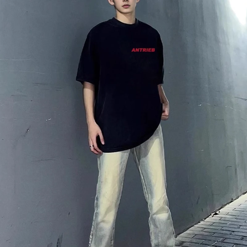 

Men's Black Oversized Short Sleeve T-Shirt with Red "ANTRIER" Print, Streetwear Casual Crewneck Tee