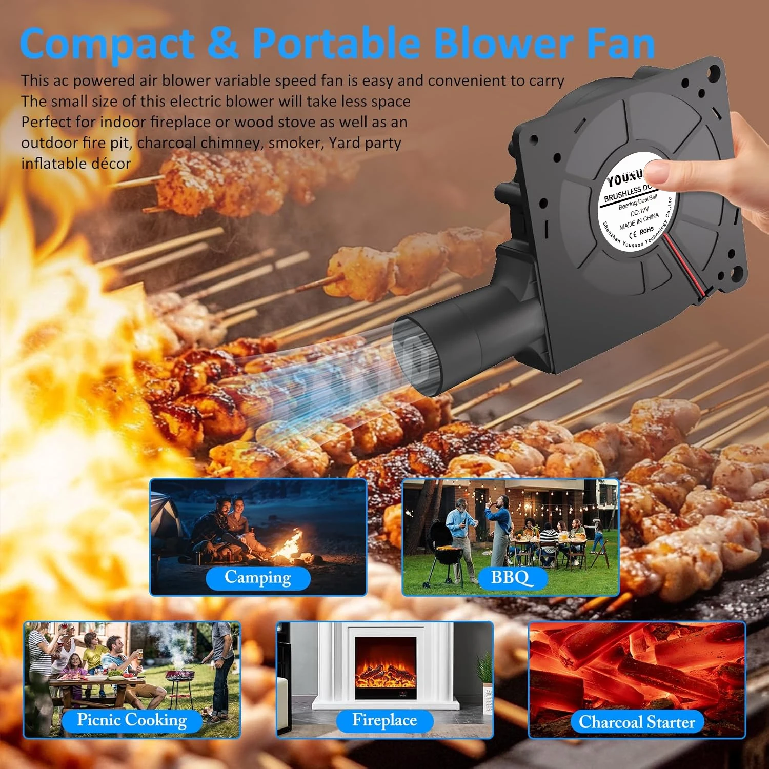 120mm BBQ Fan Adjustable Blower Fan For BBQ Heater Blower Air Blower Cooking Speed Controller Outdoor Portable Machine