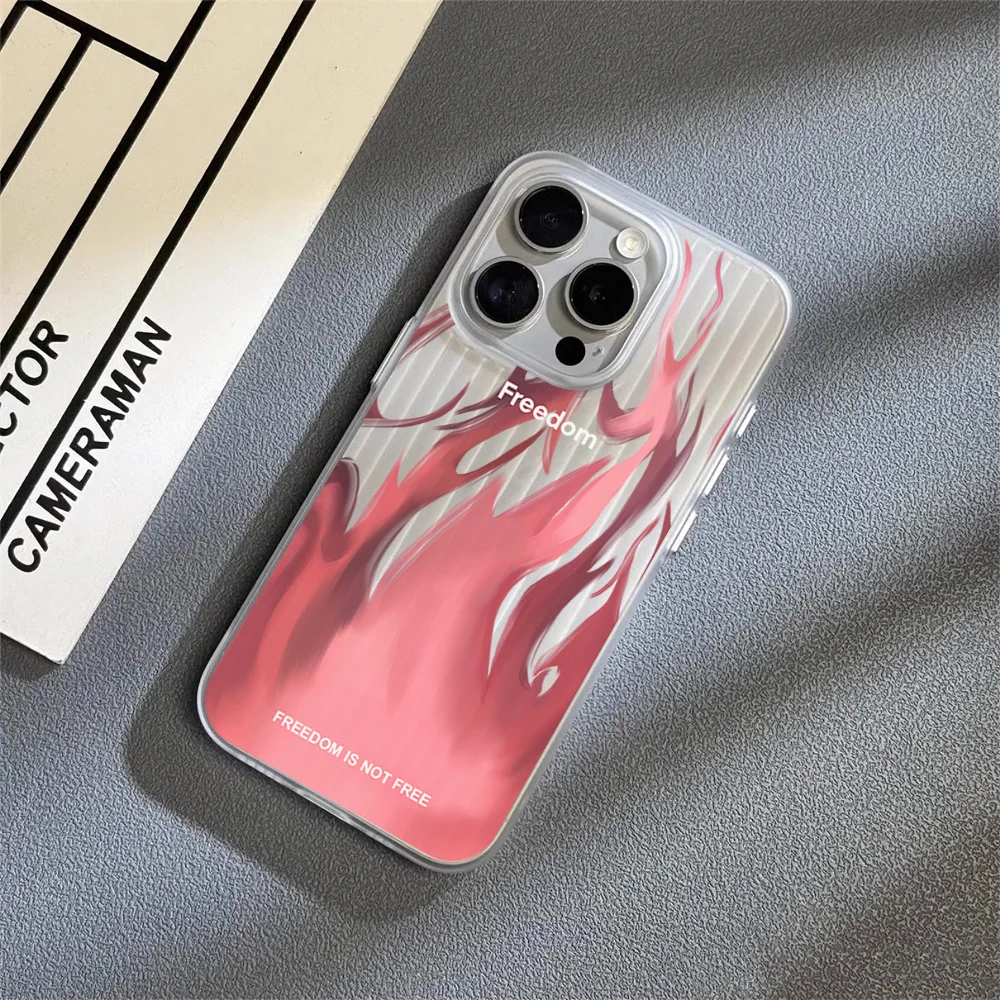 Freedom Pink Flame Design Phone Case for iPhone 12 11 13 14 15 Max Pro Plus Corrugated Transparent Bumper Cover