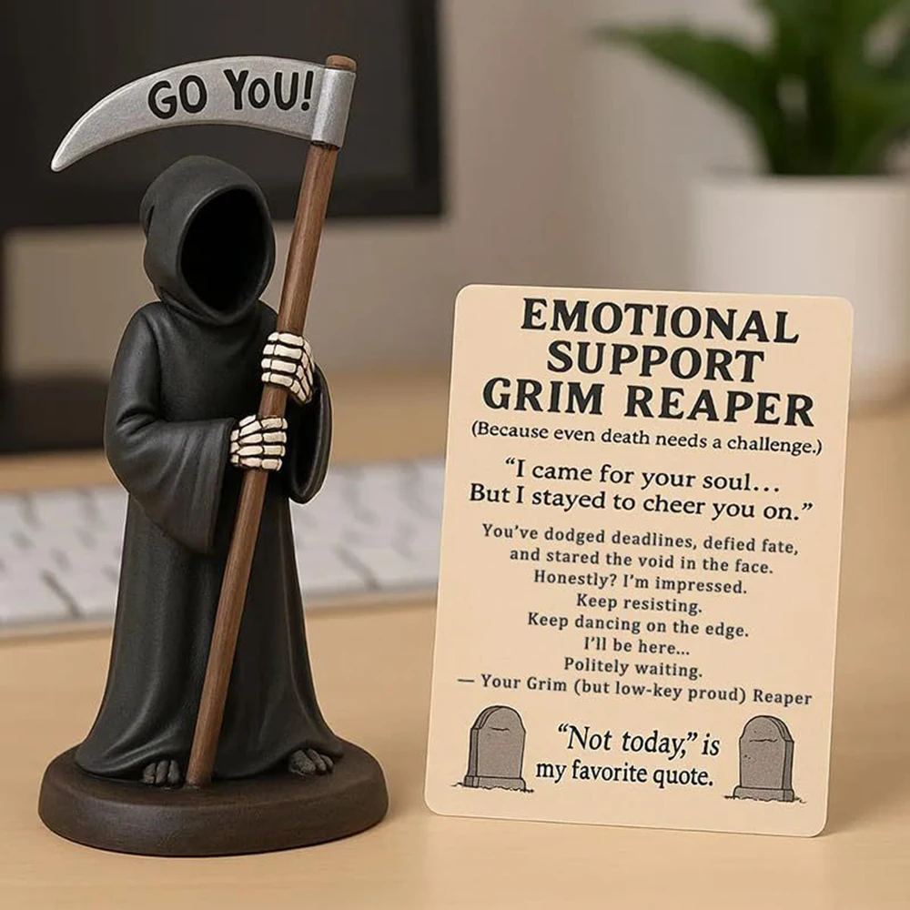 Emotional Support Grim Reaper Resin Statue Horror Girl & Reaper Cat Design, Living Room Decor with Decorative Card