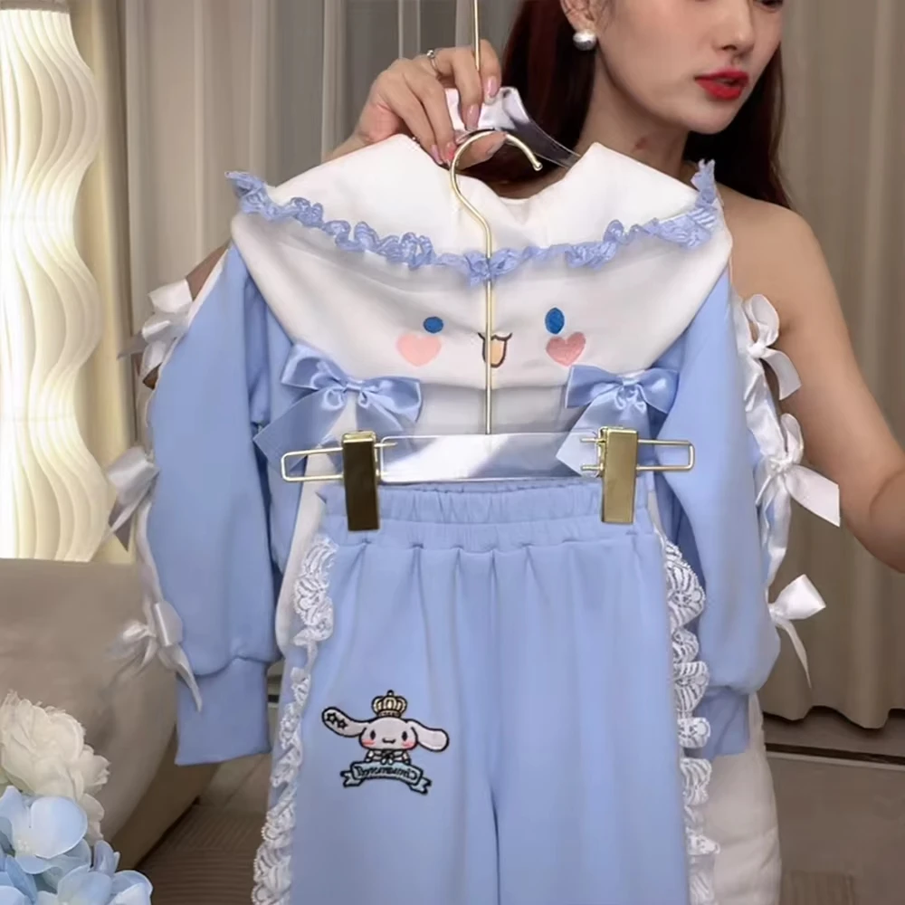 

Детский комплект спортивной одежды в стиле аниме Cinnamoroll Sanrios, куртка на молнии для девочек, осенняя студенческая синяя утепленная толстовка, куртка, брюки, подарок