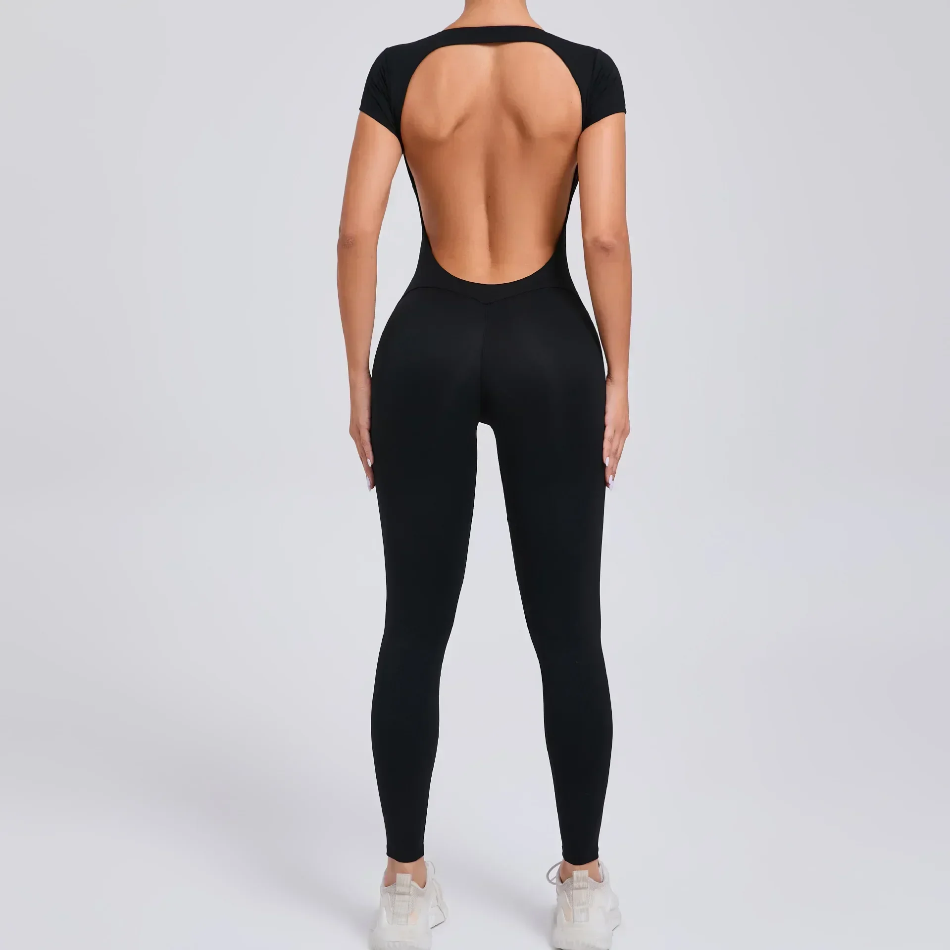 Sexy oco sem costas esporte macacão feminino conjunto de uma peça yoga ginásio outfit manga curta macacão de fitness roupas de treino