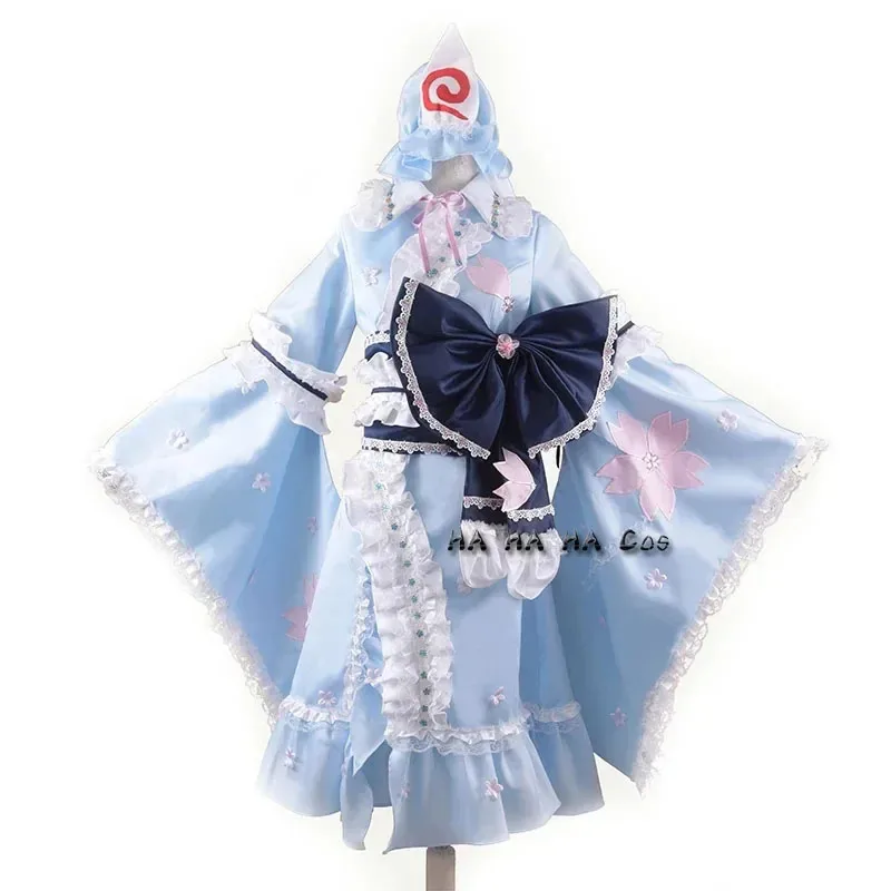 Touhou Project Saigyouji Yuyuko Anime Costume Cosplay Halloween Party Costume Cosplay Set completo Uomini e donne Parrucca Ventole Calzino Puntelli