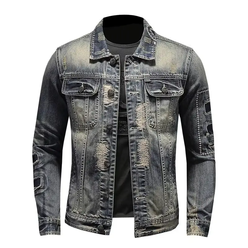 Spring and Autumn Retro Distressed Men's Denim Jacket, Youth Korean Slim Fit Jacket, Handsome Men's Clothing Jacket Trend