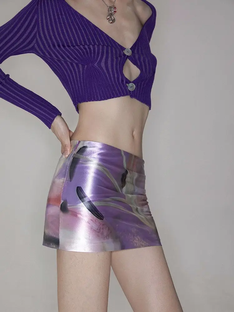 

2025 Summer Spicy Girls Print Mini Skirt Purple Flower Elastic Slim Fit Skirts Women Harajuku Y2k Versatile Faldas
