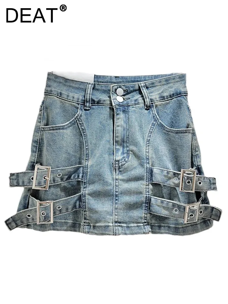 

DEAT Women's Denim Skirt Low Waist Stretch Patchwork Ribbon Metal Buckle A-line Mini Skirts 2024 Autumn New Fashion 29L7374