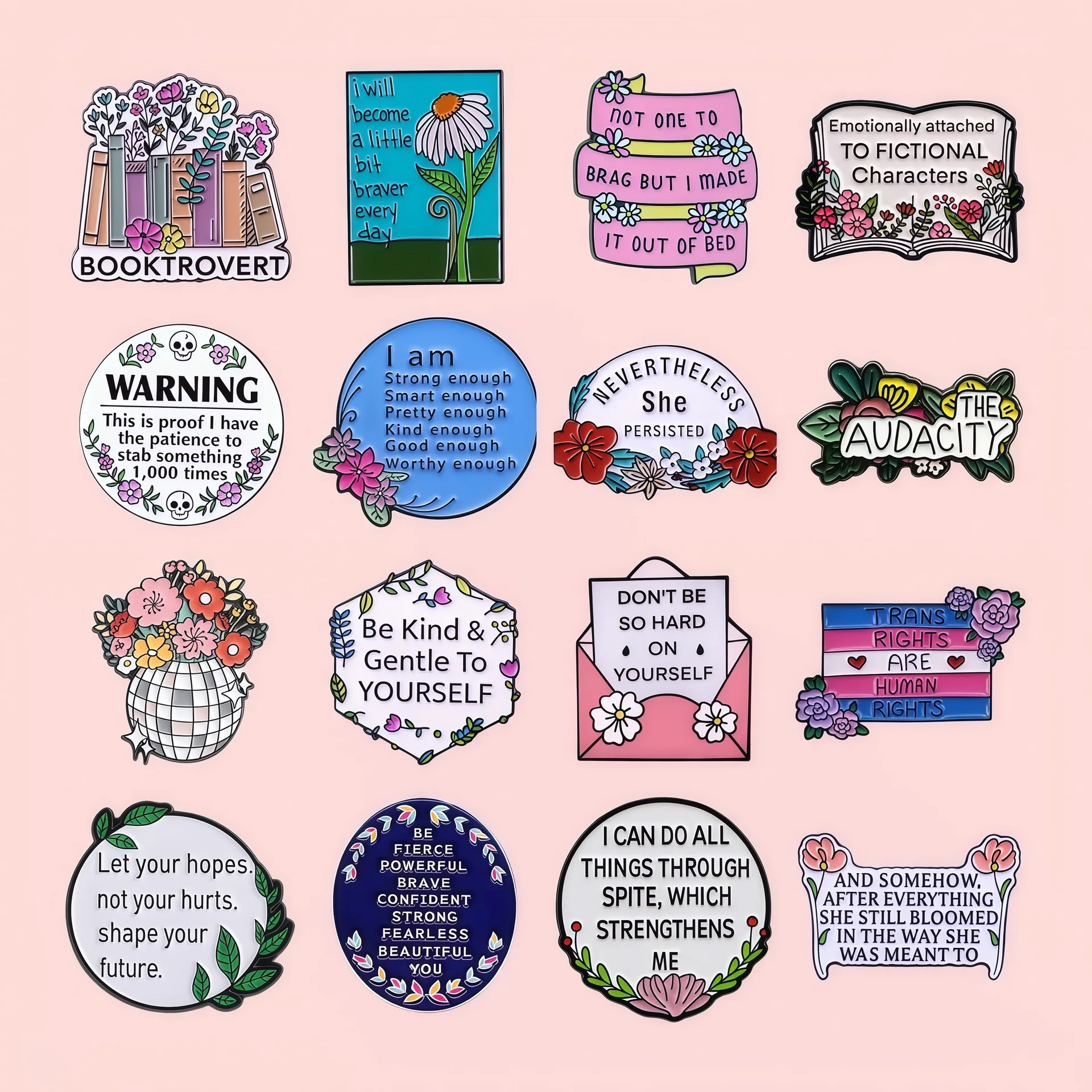 Cartoon Inspirational & Funny Quote Enamel Lapel Pins, Floral Slogan Brooch Badges for Backpack Clothing DIY Decor Accessories
