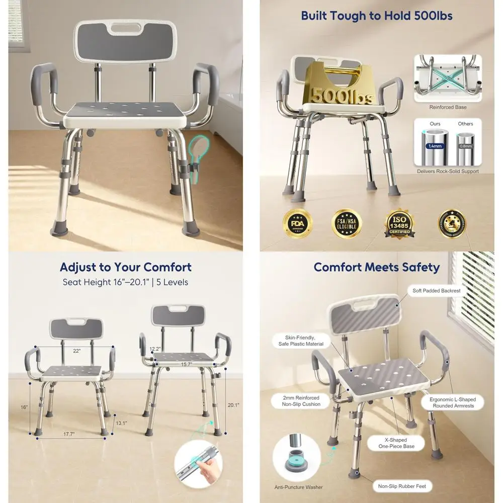 

500lb Capacity Height-Adjustable Shower Seat with Arms for Seniors and Disabled