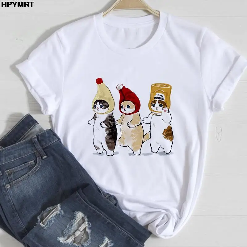2022 New Summer Women T-shirt Cute Cat Cartoon Short Sleeve Oversize T shirt White Pink Tshirt Female Street Casual Clothes Tops
