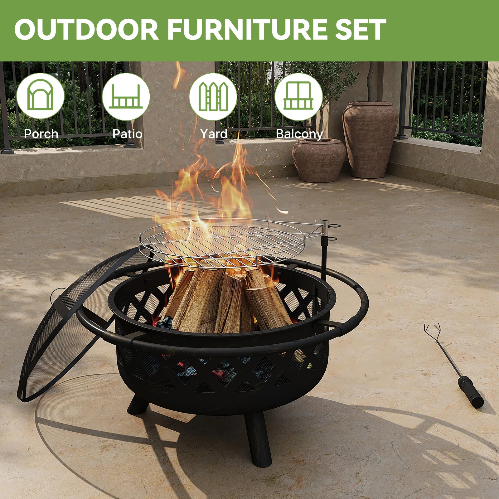 Oneinmil Wood Burning Outdoor Fire Pit with Metal Grill & Fire Poker,With Spark Screen 3 in 1 for Patio/Backyard/Picnic/Party